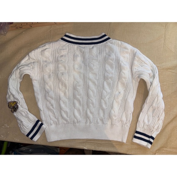 H&M Peanuts Snoopy Racquet Club V-Neck Cable Knit Sweater White Blue Size 10-12 - Picture 6 of 10